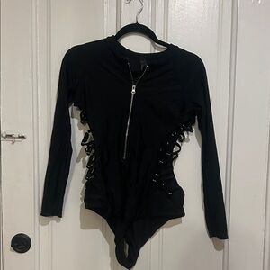 Black Long-Sleeve Lace-Up One-Piece Swim Suit with Silver Front Zipper